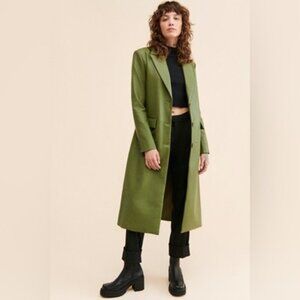We The Free Trinity Trench Coat Green Faux Leather Button Front Long Maxi L